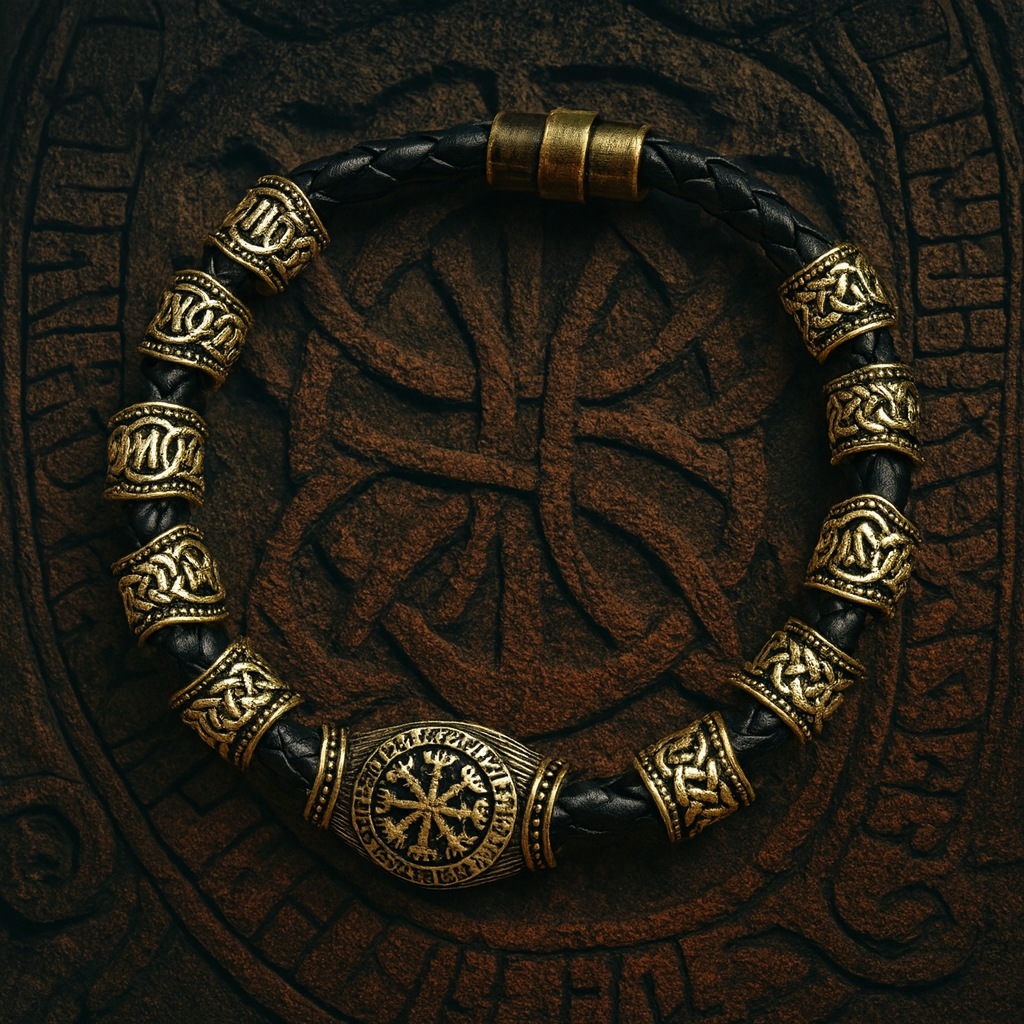Norse Runes Bracelet: 13Pcs Beads, Vegvisir Compass, Viking Amulet