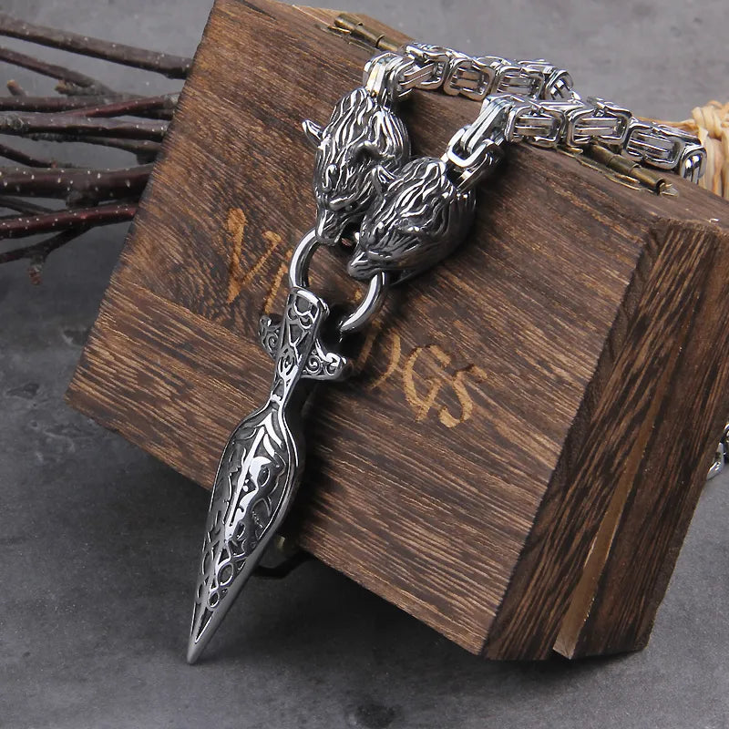 Viking Wolf Or Dragon Necklace – Spear Pendant with Stainless King Chain
