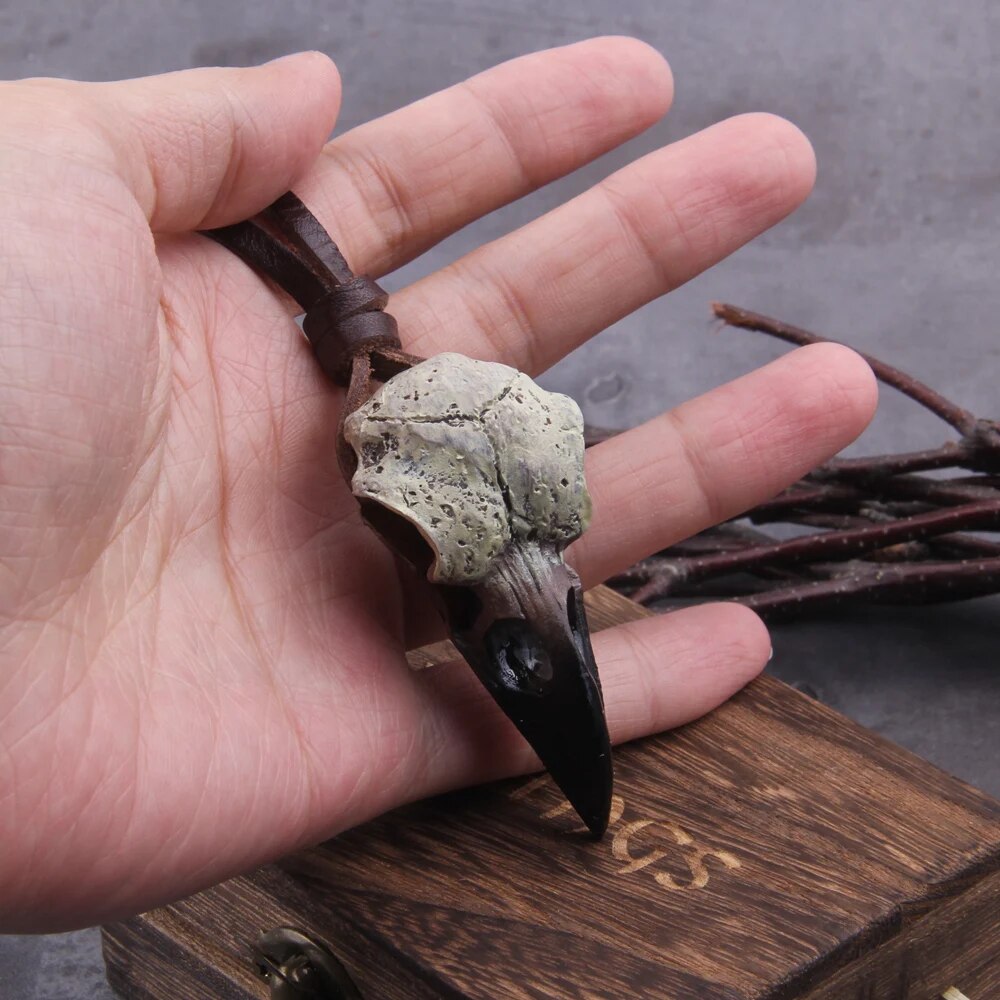 Gothic Raven Skull 3D Necklace with Leather Cord