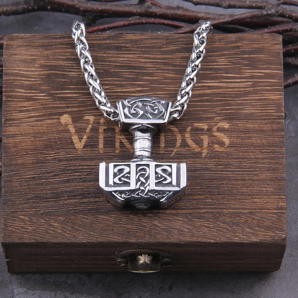 Thor's Hammer Necklace: Stainless Steel, Viking with Celtic-Knot