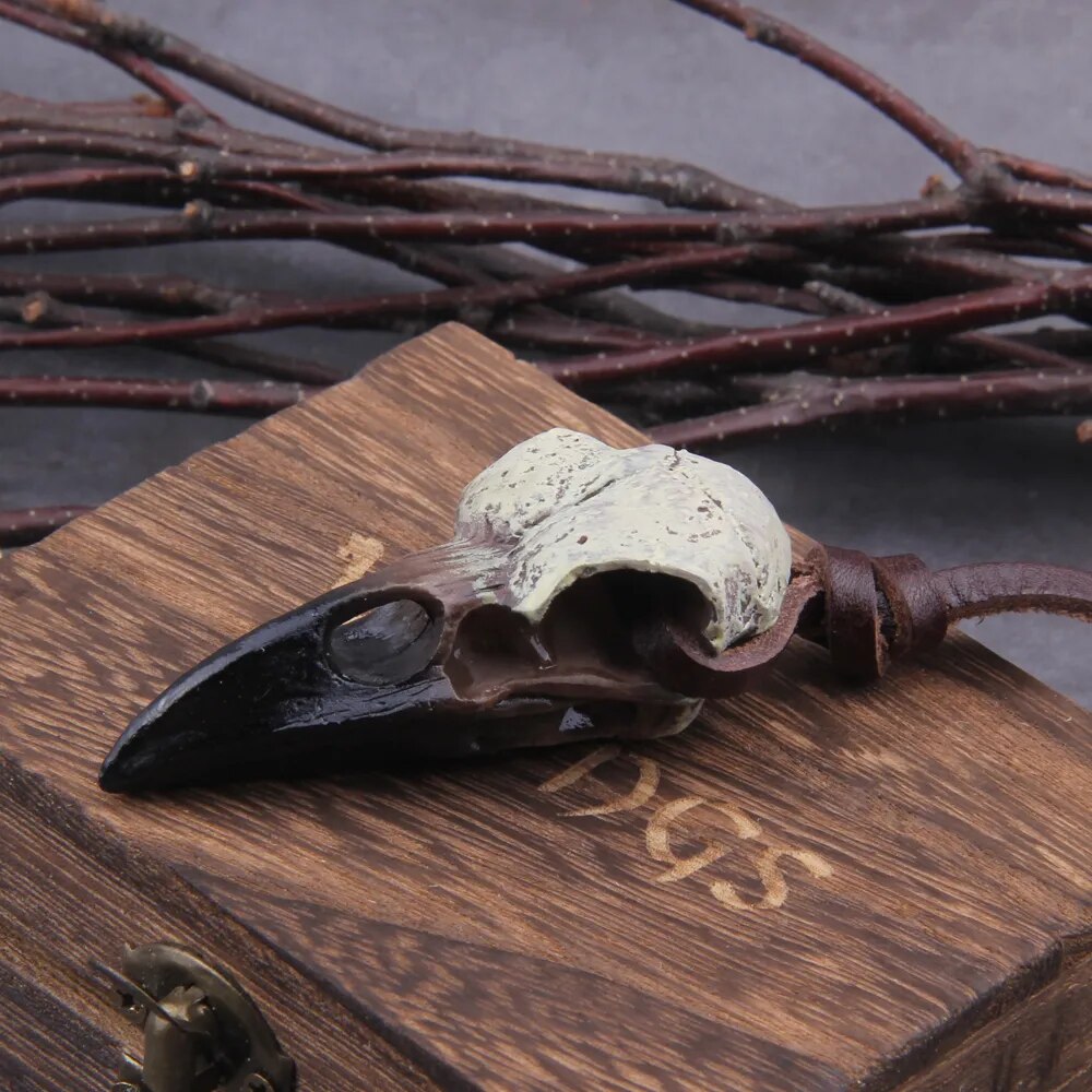 Gothic Raven Skull 3D Necklace with Leather Cord