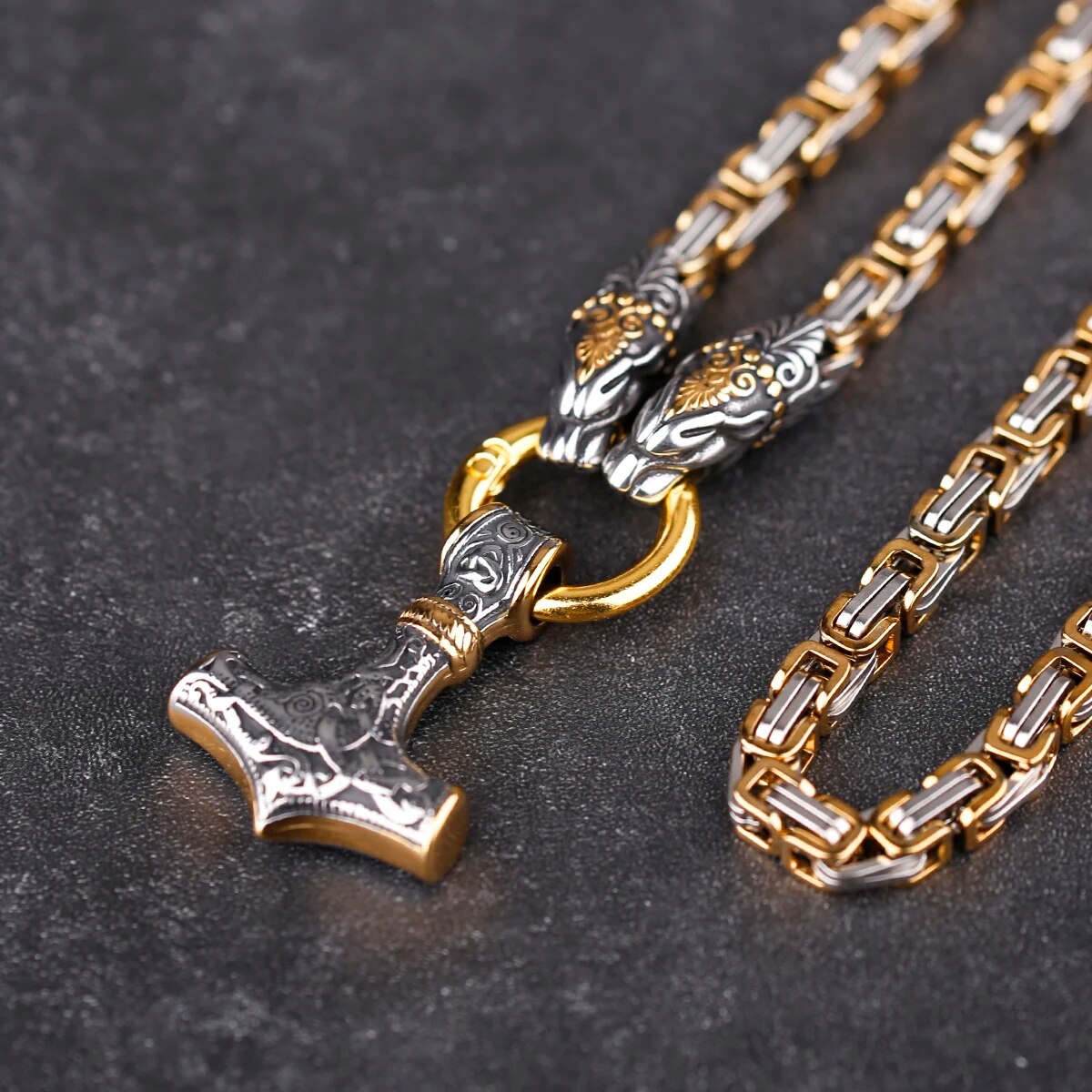 Nordic Domination Necklace – Twin Dragon Thor’s Hammer Pendant (316L Steel)