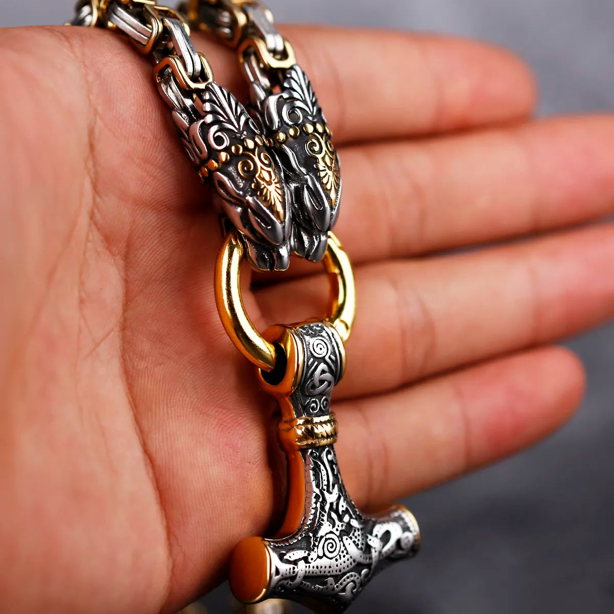 Nordic Domination Necklace – Twin Dragon Thor’s Hammer Pendant (316L Steel)