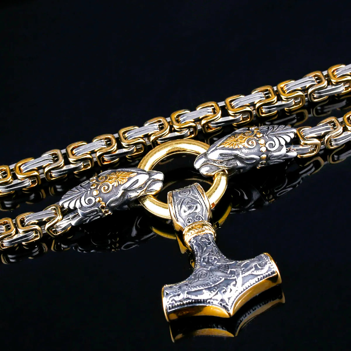 Nordic Domination Necklace – Twin Dragon Thor’s Hammer Pendant (316L Steel)