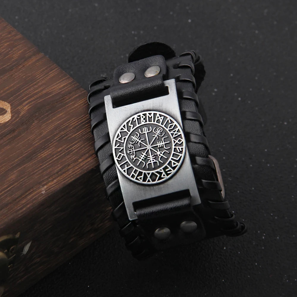 Viking Leather Bracelet – Wide Braided Cuff with Vegvisir Rune