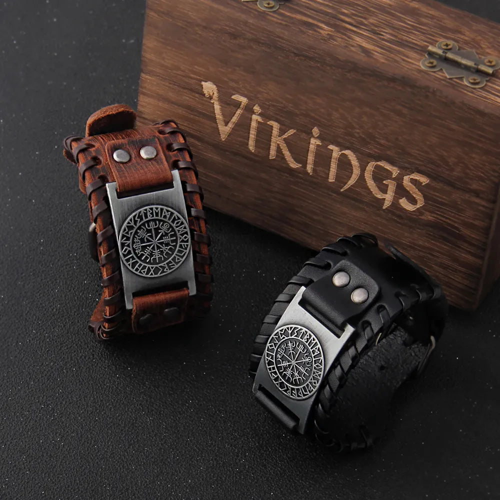 Viking Leather Bracelet – Wide Braided Cuff with Vegvisir Rune