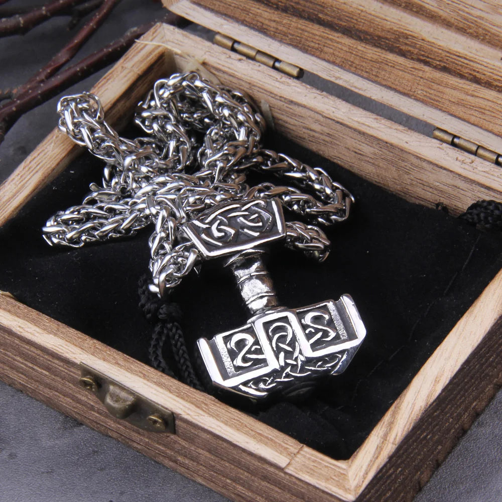 Thor's Hammer Necklace: Stainless Steel, Viking with Celtic-Knot