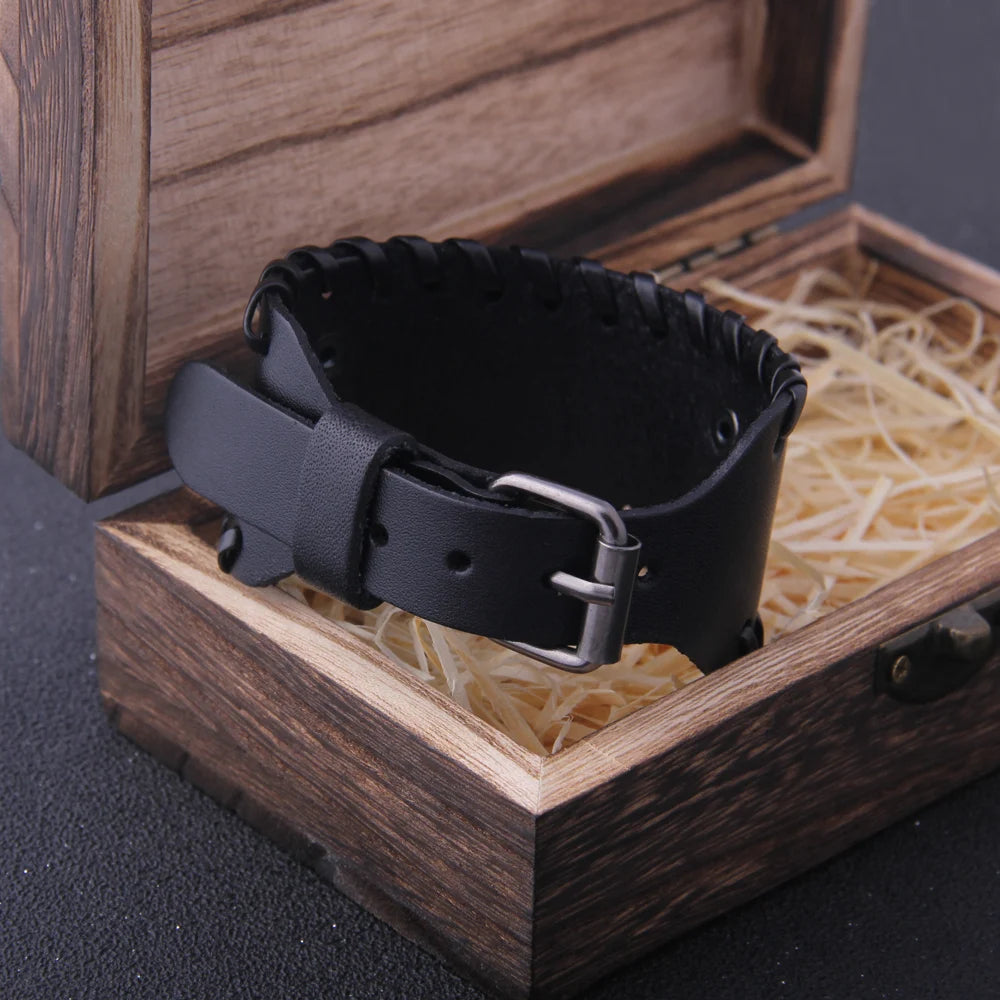 Viking Leather Bracelet – Wide Braided Cuff with Vegvisir Rune