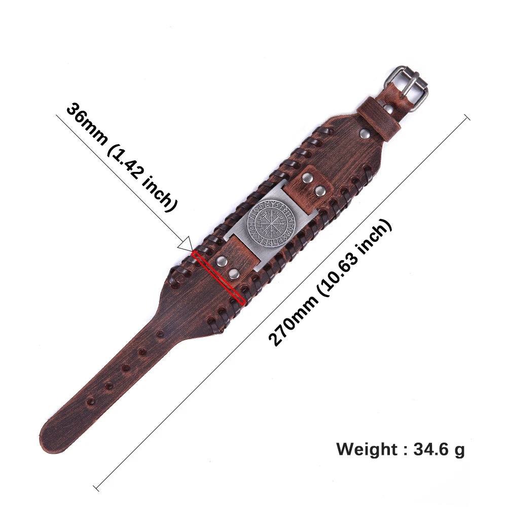 Viking Leather Bracelet – Wide Braided Cuff with Vegvisir Rune