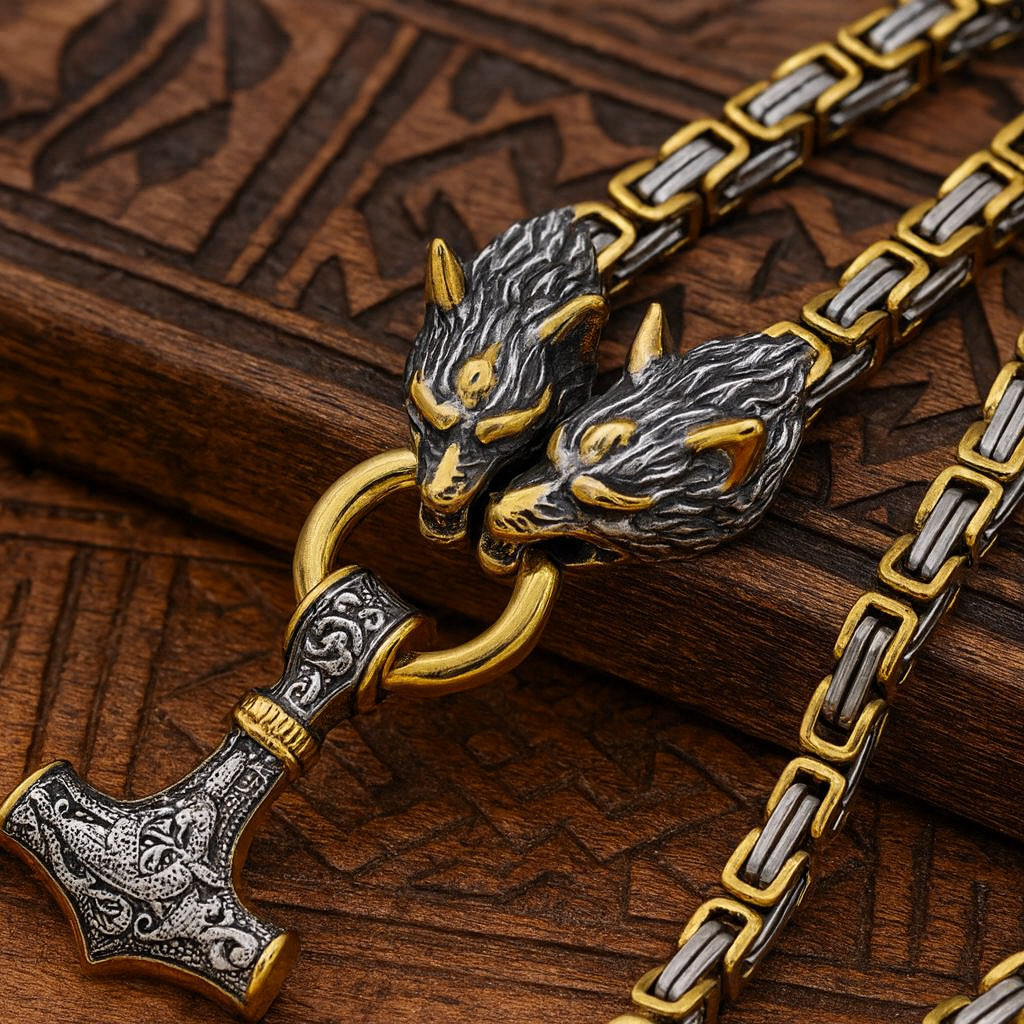 Odin’s Wolves & Mjölnir Necklace