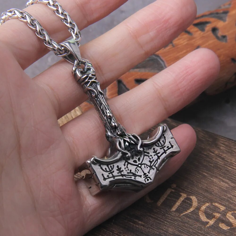 Thor’s Hammer Necklace – Stainless Steel Mjolnir with Vegvisir Rune
