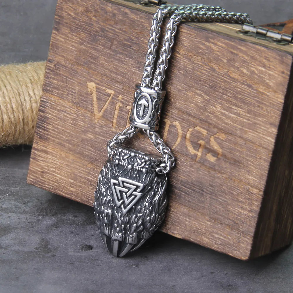 Viking Bear Claw Necklace with Valknut and Tiwaz Rune