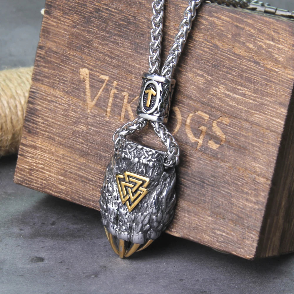 Viking Bear Claw Necklace with Valknut and Tiwaz Rune