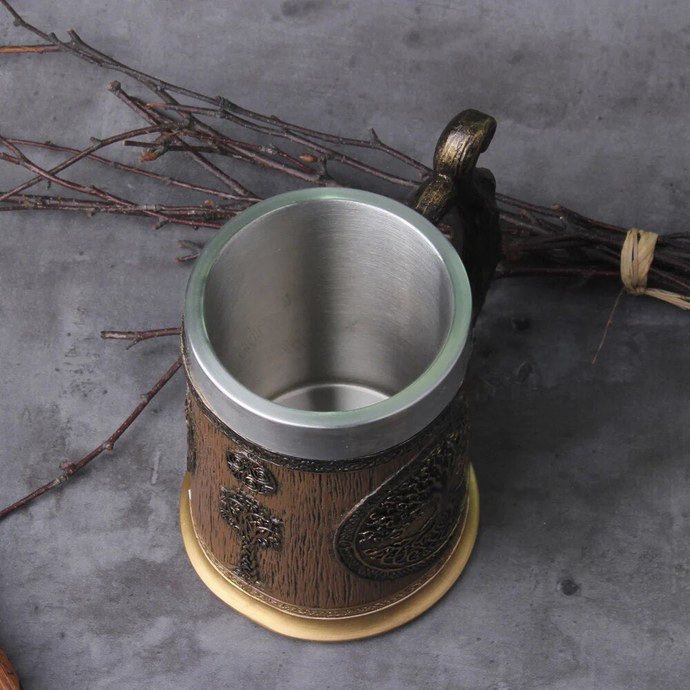 Tree of Life Viking Tankard – Nordic Beer Mug with Wood Finish & Drakkar Handle