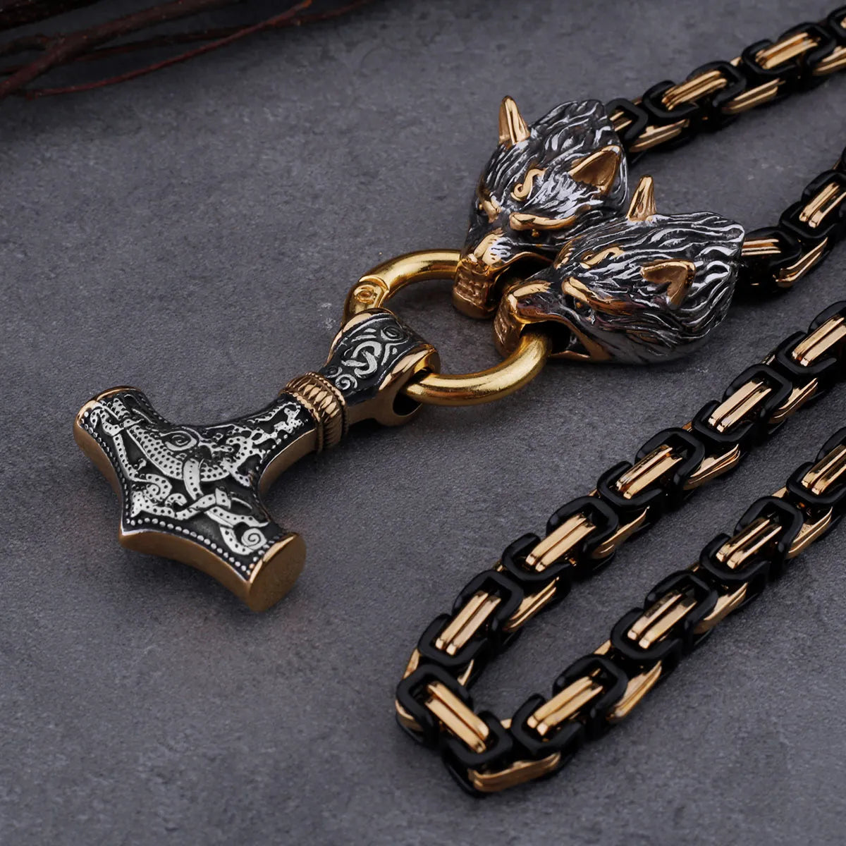 Wolf Heads & Thor’s Hammer Viking Necklace – Norse Emperor Chain