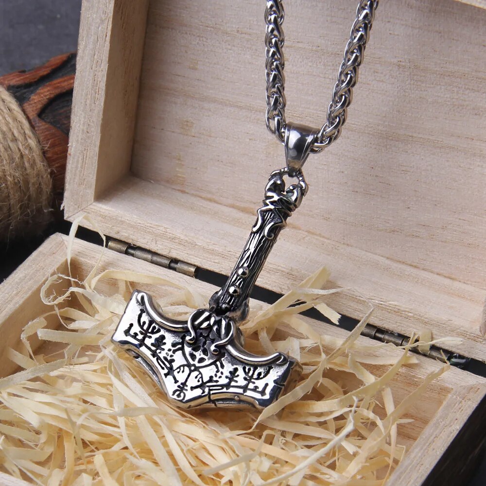 Thor’s Hammer Necklace – Stainless Steel Mjolnir with Vegvisir Rune