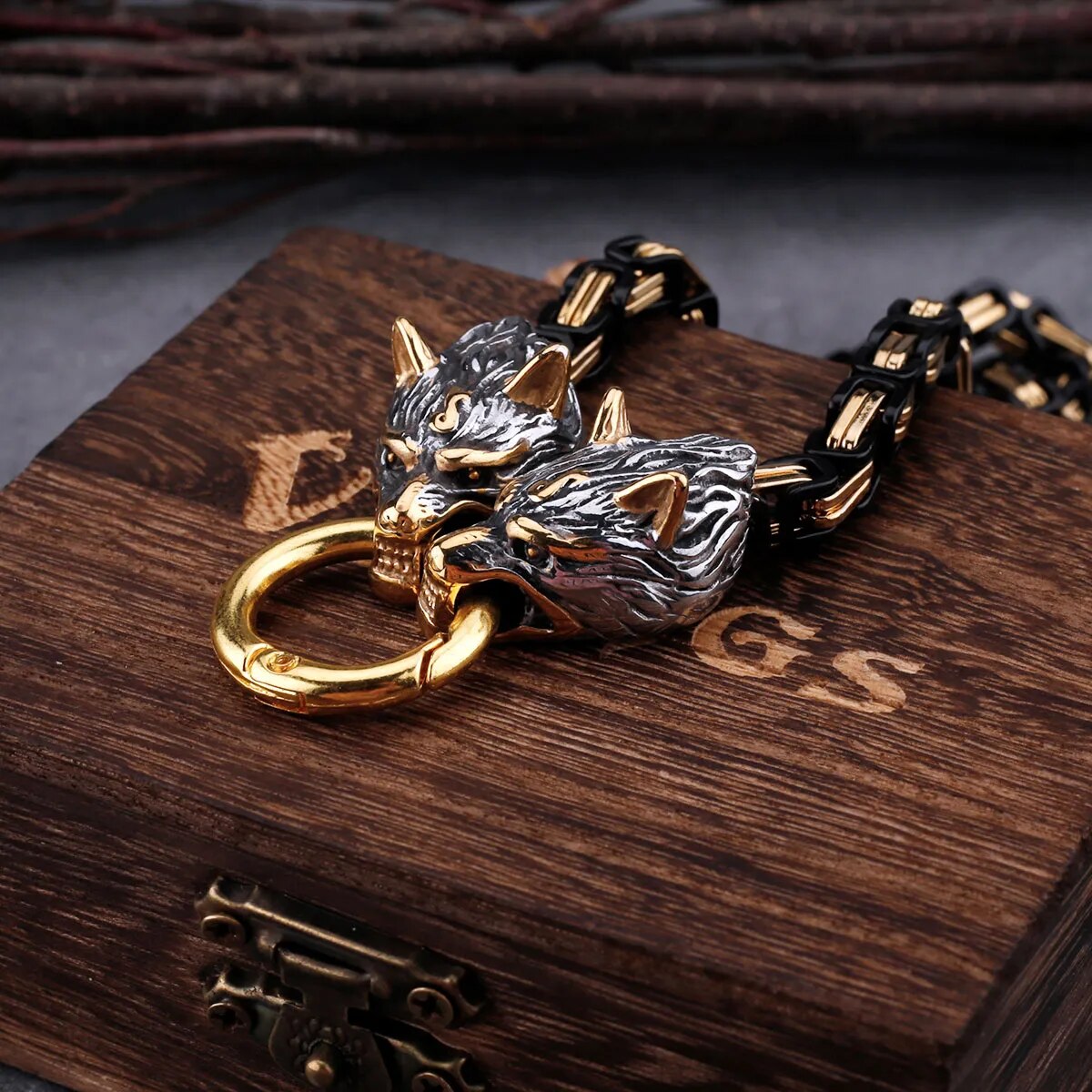 Wolf Heads & Thor’s Hammer Viking Necklace – Norse Emperor Chain