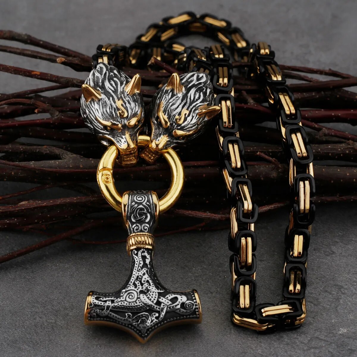 Wolf Heads & Thor’s Hammer Viking Necklace – Norse Emperor Chain