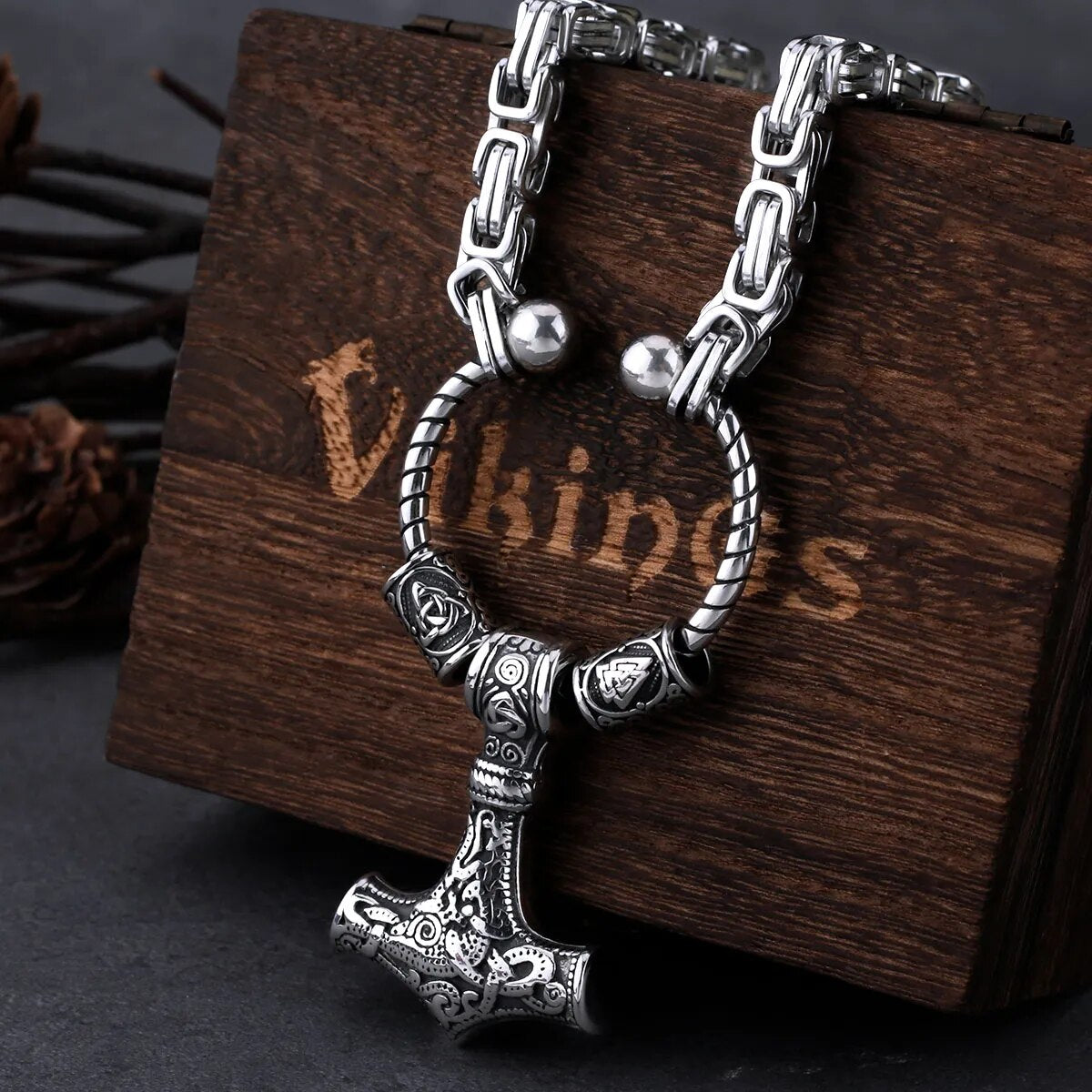 Norse King's Chain – Viking Thor Hammer Necklace with Valknut
