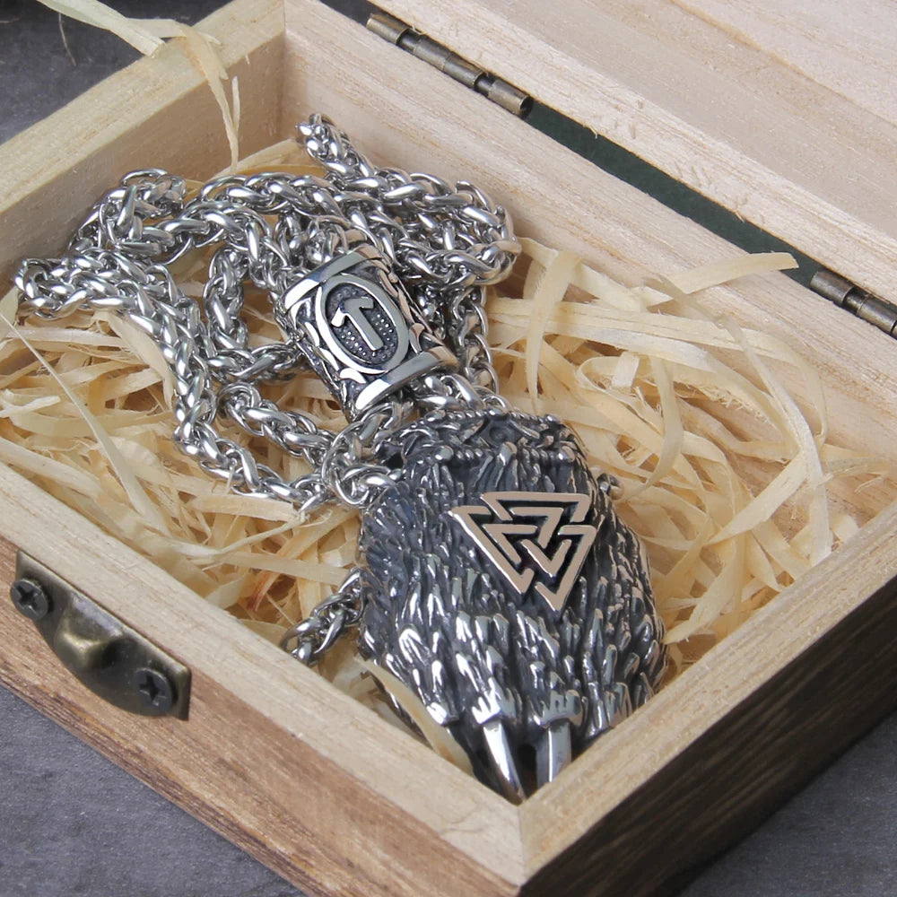 Viking Bear Claw Necklace with Valknut and Tiwaz Rune