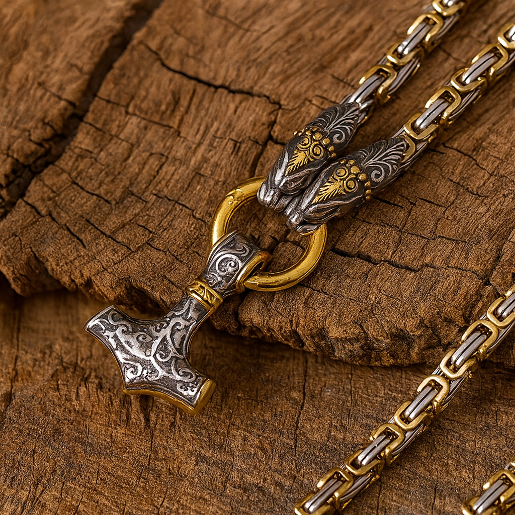 Nordic Domination Necklace – Twin Dragon Thor’s Hammer Pendant (316L Steel)
