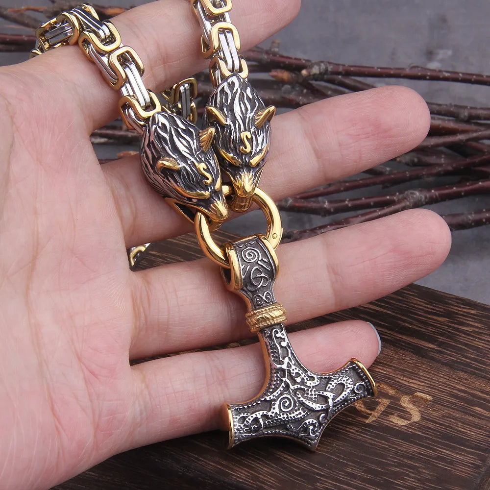 Viking Steel Wolf, Dragon & Thor's Hammer Necklace