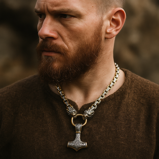 Nordic Domination Necklace – Twin Dragon Thor’s Hammer Pendant (316L Steel)