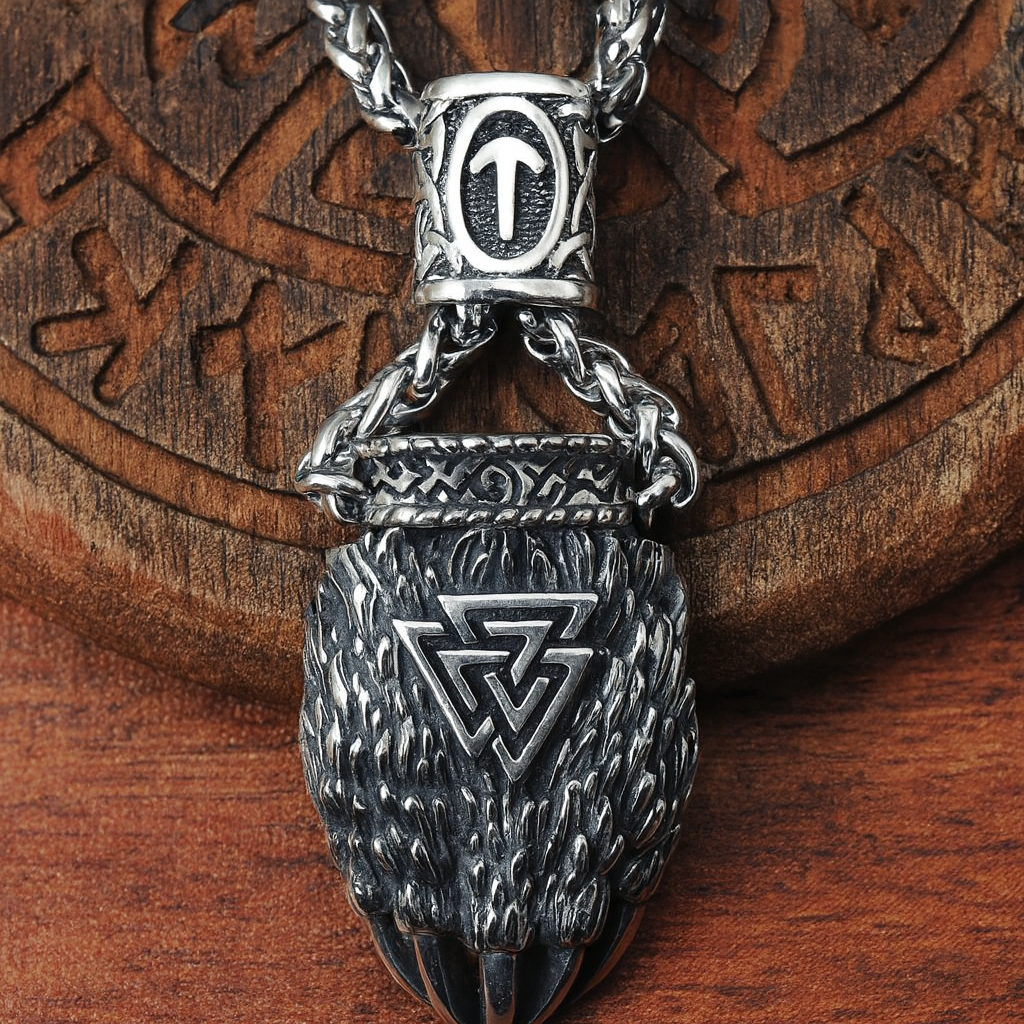 Viking Bear Claw Necklace with Valknut and Tiwaz Rune