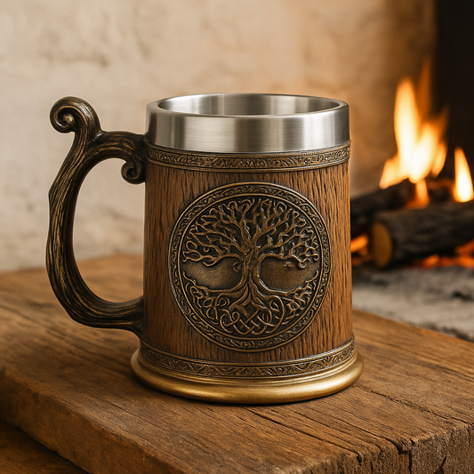 Tree of Life Viking Tankard – Nordic Beer Mug with Wood Finish & Drakkar Handle
