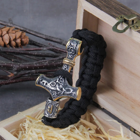 Stainless Steel Viking Mjolnir Bracelet Norse Runes