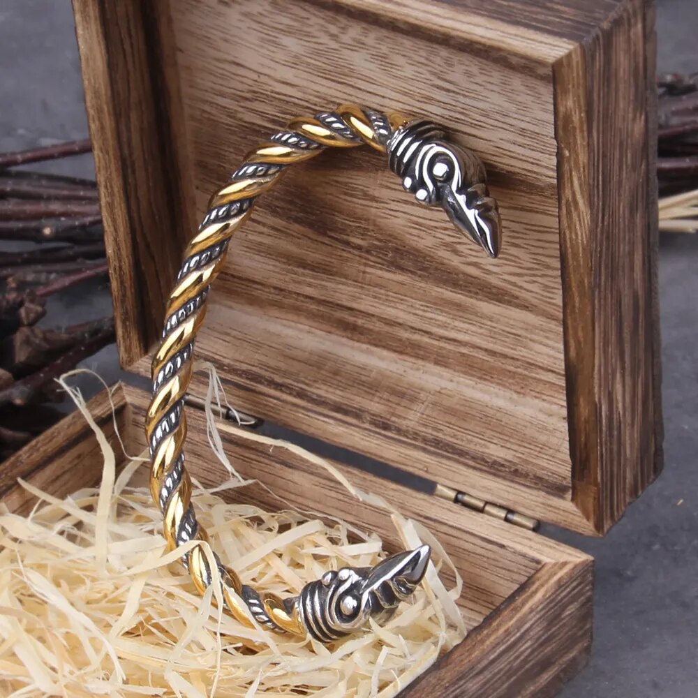 Norse Raven Steel Bracelet: Adjustable Men's Wristband with Viking