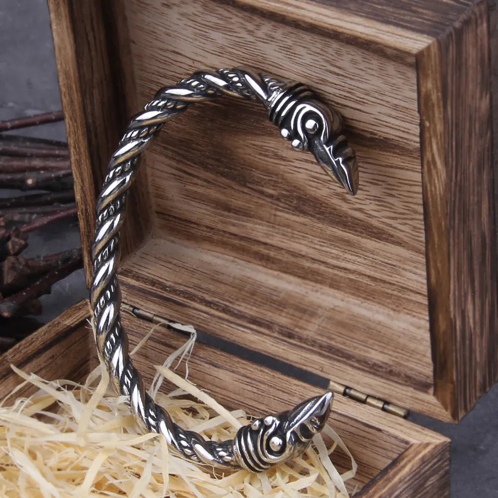 Norse Raven Steel Bracelet: Adjustable Men's Wristband with Viking