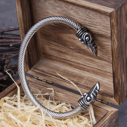 Norse Raven Steel Bracelet: Adjustable Men's Wristband with Viking