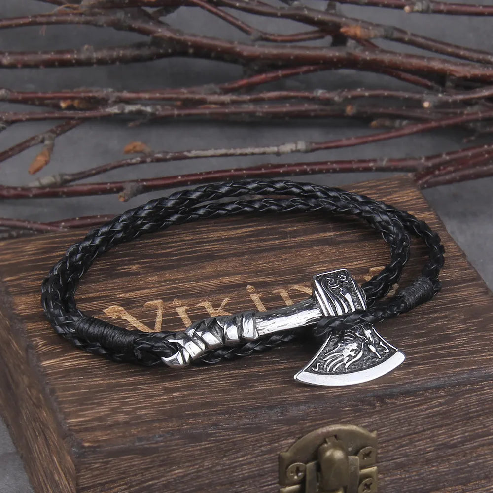 Nordic Valknut Axe Bracelet: Multilayer Leather