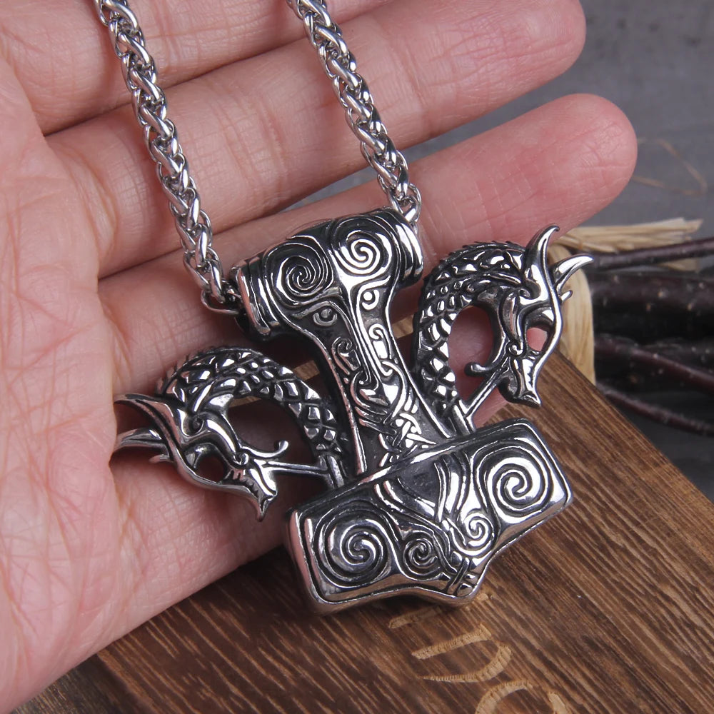 Thor's Hammer Mjolnir Necklace: Never Fade, Viking Dragon