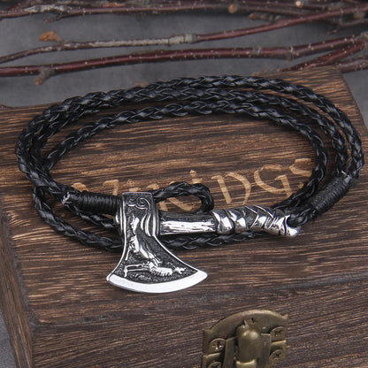 Nordic Valknut Axe Bracelet: Multilayer Leather