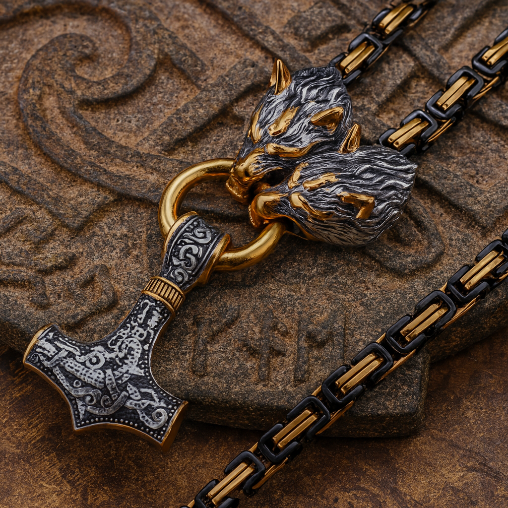 Wolf Heads & Thor’s Hammer Viking Necklace – Norse Emperor Chain