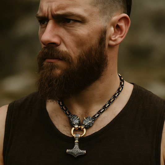 Wolf Heads & Thor’s Hammer Viking Necklace – Norse Emperor Chain