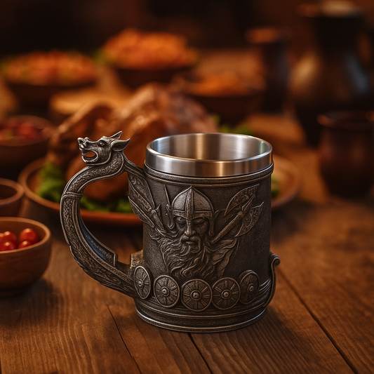 Nordic Drakkar Draught: Viking Wood-Style Beer Mug Simulation with Ship Dragon Design
