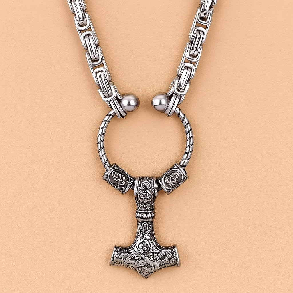 Norse King's Chain – Viking Thor Hammer Necklace with Valknut