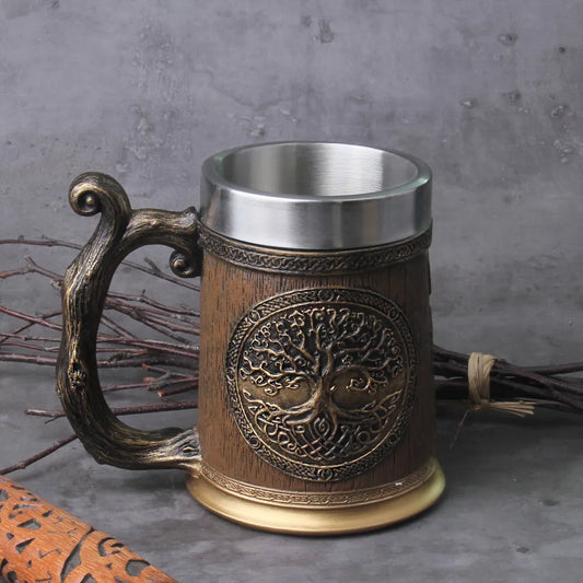 Enchanted Grove Draught: Nordic-inspired beer mug with Tree of Life Drakkar tankard in a large size.