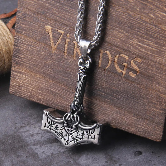 Thor's Rune Voyage: Norse Mjolnir amulet necklace with stainless steel chain and Vegvisir anchor pendant