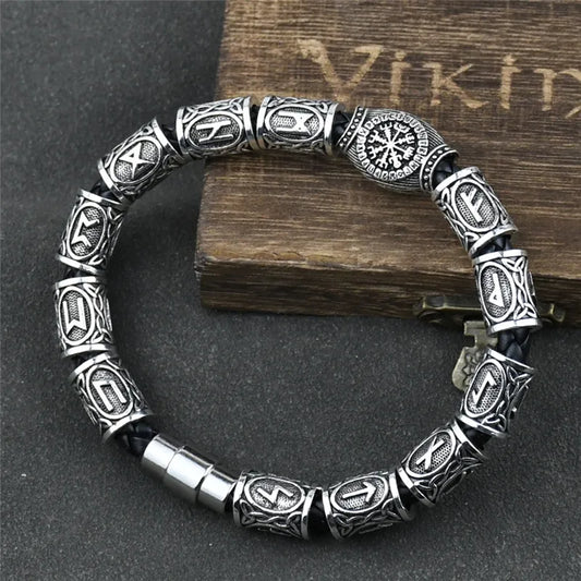 Norse Runes Bracelet: 13Pcs Beads, Vegvisir Compass, Viking Amulet