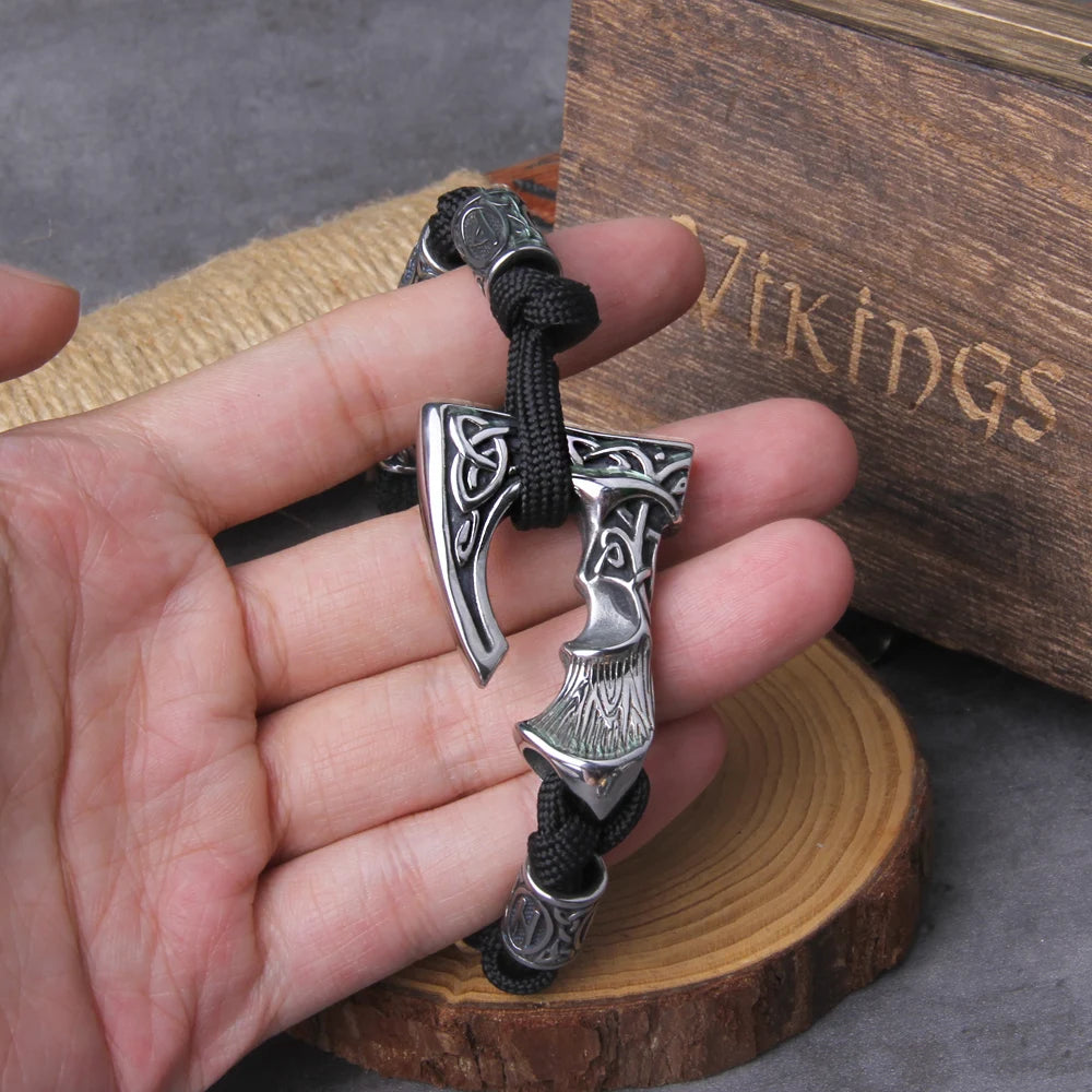 Never Fade Viking Axe punk beads bracelet for men stainless steel fashion climbing rope Jewelry