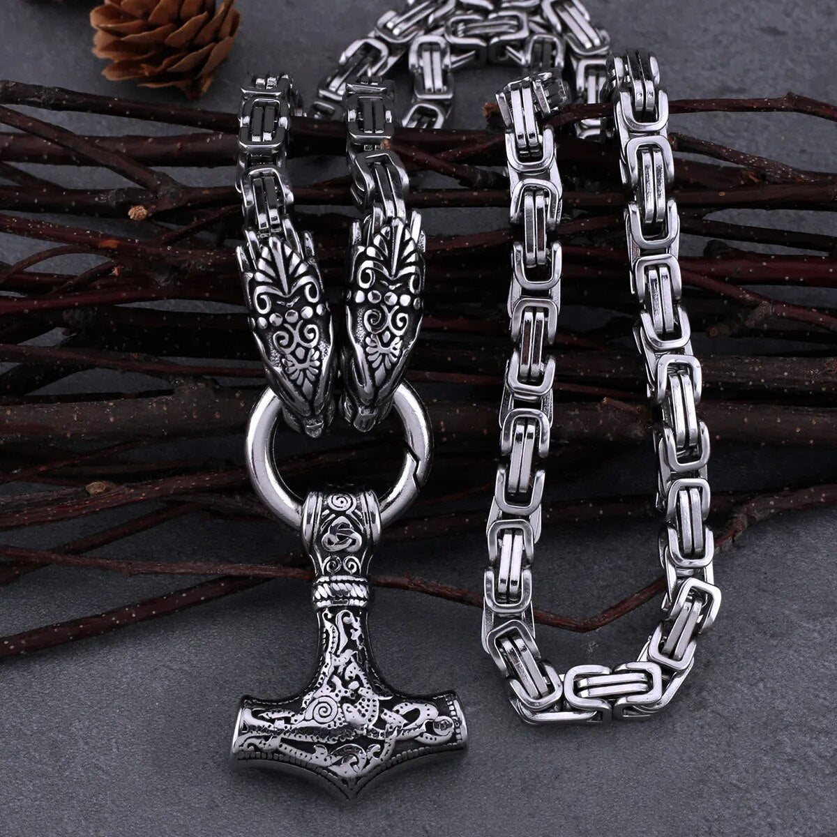 Nordic Dragon & Hammer Necklace: Men's Stainless Steel Pendant