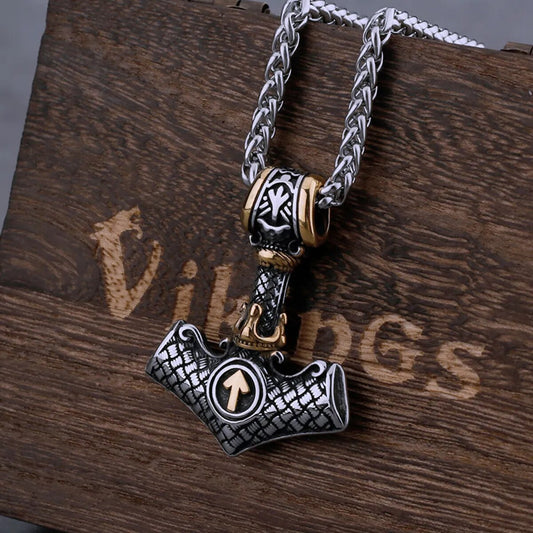 Nordic Rune Reverie: Stainless Steel Viking Thor's Hammer Odin Rune Necklace