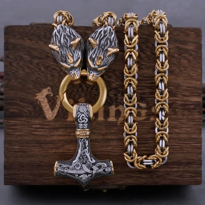 Lupine Sovereignty: Stainless Steel Wolf Head Viking Amulet with Thor's Hammer Pendant Necklace