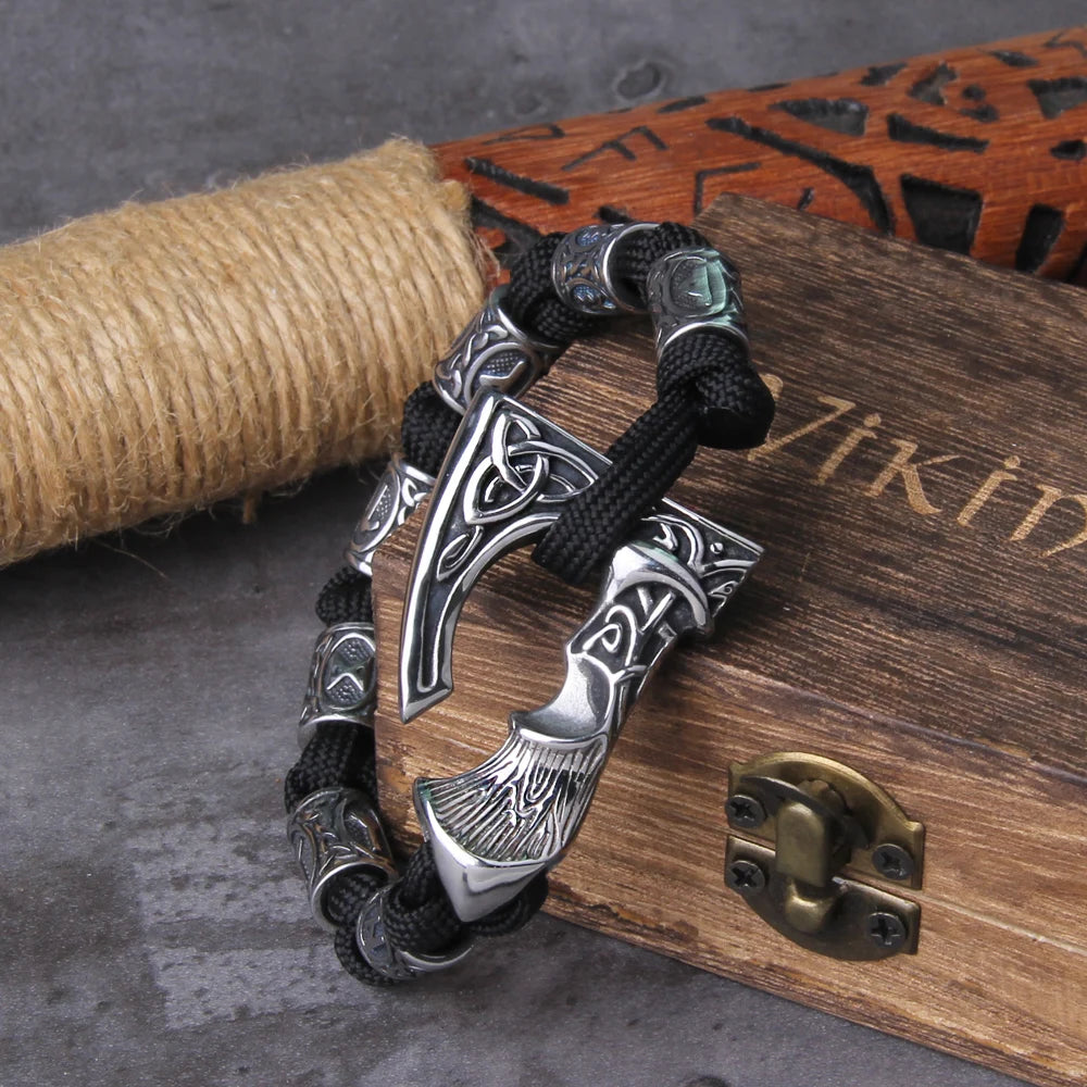 Never Fade Viking Axe punk beads bracelet for men stainless steel fashion climbing rope Jewelry