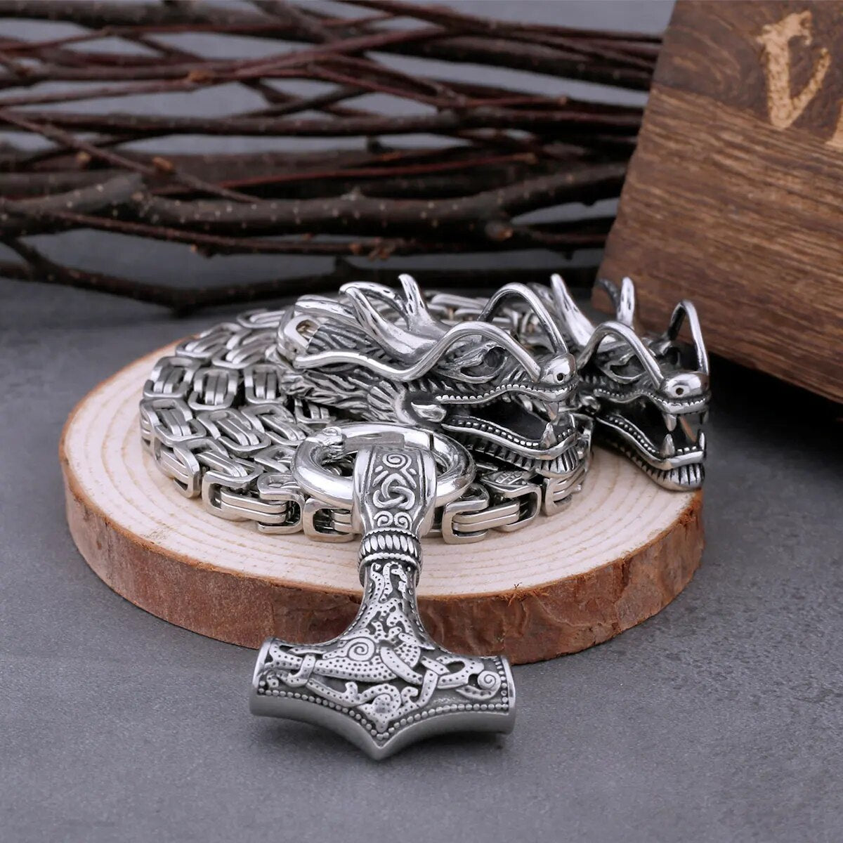Viking Thor’s Hammer Necklace – Mjölnir Pendant with Dragon Heads