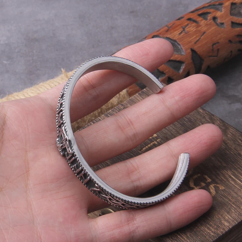 Handmade Nordic Rune Bangle: Stainless Steel, Thor's Hammer